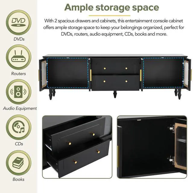 Alt view image 5 of 7 - ON-TREND Retro Design TV Stand with Fluted Glass Doors for TVs Up to 78'', Practical Media Console with 2 Drawers and Cabinets, Elegant Entertainment Center for Living Room, Black