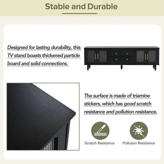 Alt view image 6 of 7 - ON-TREND Retro Design TV Stand with Fluted Glass Doors for TVs Up to 78'', Practical Media Console with 2 Drawers and Cabinets, Elegant Entertainment Center for Living Room, Black