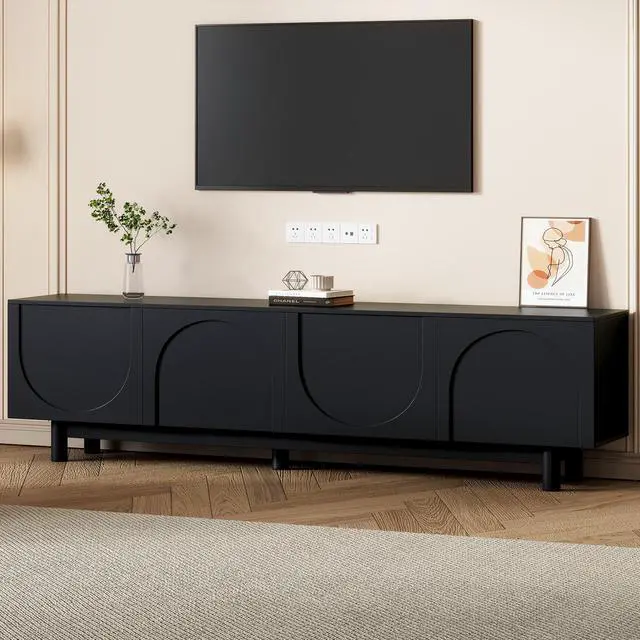 Main image of ON-TREND Graceful TV Stand with Arch Cabinets for TVs Up to 78'', Minimalist Entertainment Center with Solid Wood Legs, Practical Media Console with Adjustable Shelves for Living Room, Black