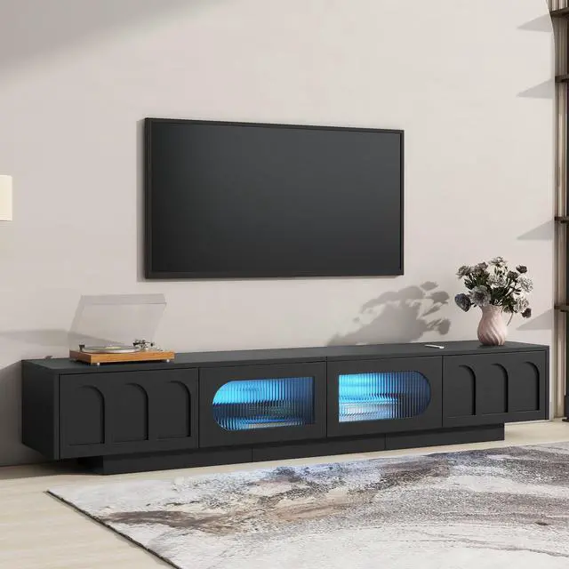 Main image of ON-TREND TV Stand with Fluted tempered Glass Doors for TVs Up to 95'', Functional Media Console with Arched Cabinet Doors, Entertainment Center with APP-Controlled LED Light for Living Room, Black