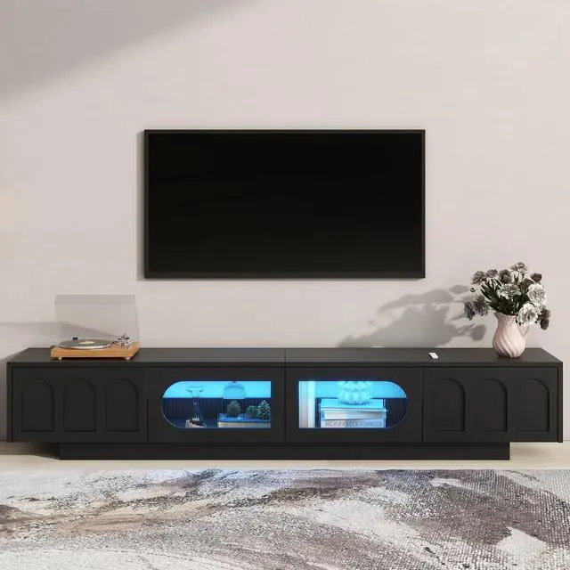 Alt view image 2 of 7 - ON-TREND TV Stand with Fluted tempered Glass Doors for TVs Up to 95'', Functional Media Console with Arched Cabinet Doors, Entertainment Center with APP-Controlled LED Light for Living Room, Black
