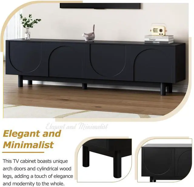 Alt view image 4 of 7 - ON-TREND Graceful TV Stand with Arch Cabinets for TVs Up to 78'', Minimalist Entertainment Center with Solid Wood Legs, Practical Media Console with Adjustable Shelves for Living Room, Black