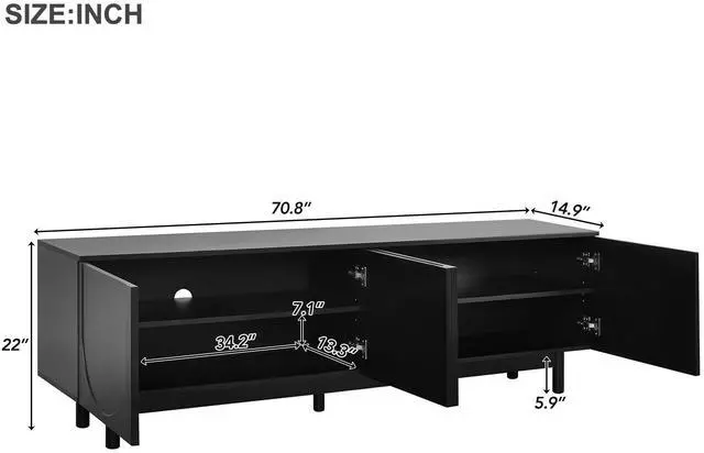 Alt view image 7 of 7 - ON-TREND Graceful TV Stand with Arch Cabinets for TVs Up to 78'', Minimalist Entertainment Center with Solid Wood Legs, Practical Media Console with Adjustable Shelves for Living Room, Black