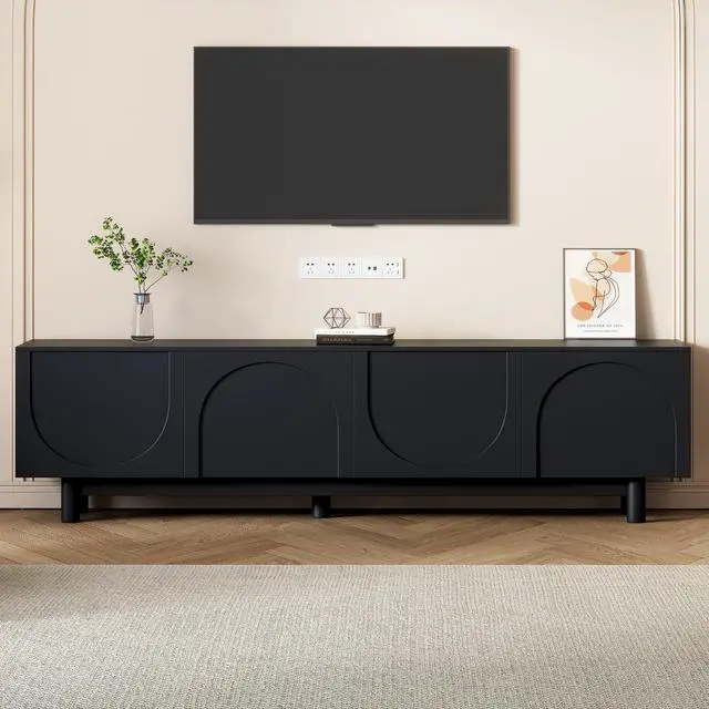 Alt view image 2 of 7 - ON-TREND Graceful TV Stand with Arch Cabinets for TVs Up to 78'', Minimalist Entertainment Center with Solid Wood Legs, Practical Media Console with Adjustable Shelves for Living Room, Black