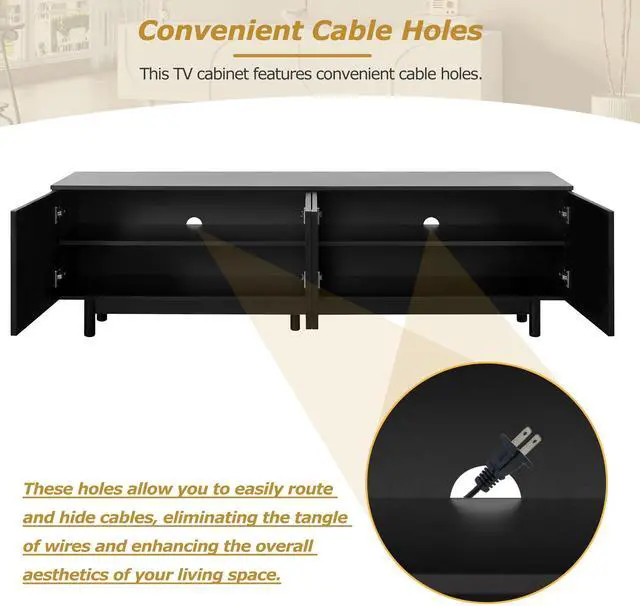 Alt view image 5 of 7 - ON-TREND Graceful TV Stand with Arch Cabinets for TVs Up to 78'', Minimalist Entertainment Center with Solid Wood Legs, Practical Media Console with Adjustable Shelves for Living Room, Black