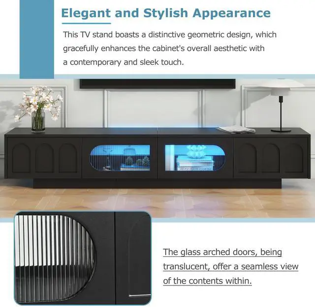 Alt view image 4 of 7 - ON-TREND TV Stand with Fluted tempered Glass Doors for TVs Up to 95'', Functional Media Console with Arched Cabinet Doors, Entertainment Center with APP-Controlled LED Light for Living Room, Black