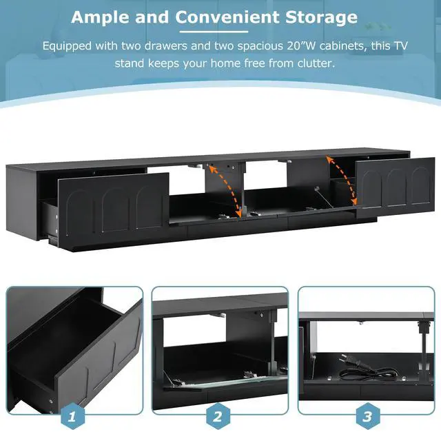 Alt view image 5 of 7 - ON-TREND TV Stand with Fluted tempered Glass Doors for TVs Up to 95'', Functional Media Console with Arched Cabinet Doors, Entertainment Center with APP-Controlled LED Light for Living Room, Black