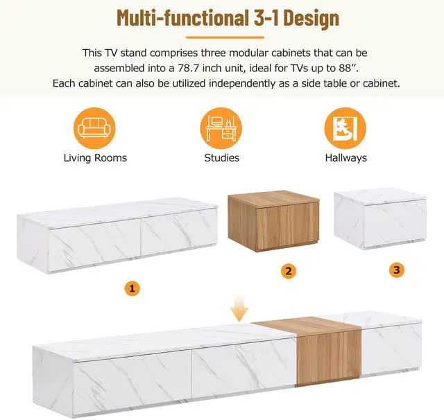 Alt view image 3 of 7 - ON-TREND TV Stand with Faux Marble and Walnut Wood Grain Finish for TVs up to 88'', Modern Free-Combination Entertainment Center with 4 Storage Drawers for Living Room, White