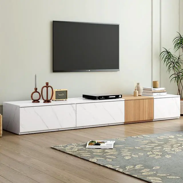 Main image of ON-TREND TV Stand with Faux Marble and Walnut Wood Grain Finish for TVs up to 88'', Modern Free-Combination Entertainment Center with 4 Storage Drawers for Living Room, White