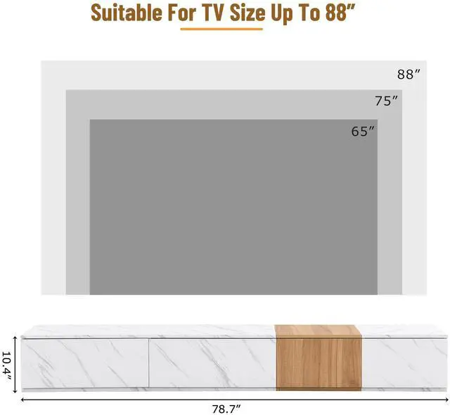 Alt view image 7 of 7 - ON-TREND TV Stand with Faux Marble and Walnut Wood Grain Finish for TVs up to 88'', Modern Free-Combination Entertainment Center with 4 Storage Drawers for Living Room, White