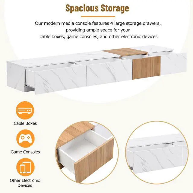 Alt view image 5 of 7 - ON-TREND TV Stand with Faux Marble and Walnut Wood Grain Finish for TVs up to 88'', Modern Free-Combination Entertainment Center with 4 Storage Drawers for Living Room, White