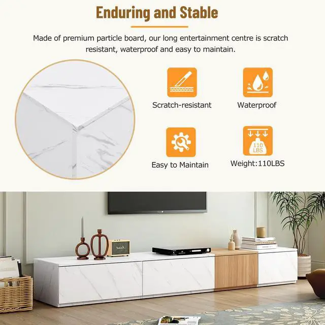 Alt view image 6 of 7 - ON-TREND TV Stand with Faux Marble and Walnut Wood Grain Finish for TVs up to 88'', Modern Free-Combination Entertainment Center with 4 Storage Drawers for Living Room, White