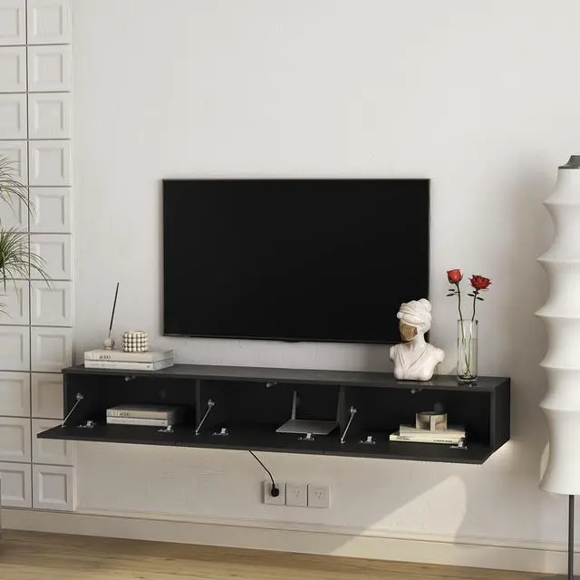 Alt view image 2 of 7 - Floating TV Stand Wall Mounted with 16 Color LEDs,67" Modern TV Stand, Floating TV Cabinet Entertainment Center for 55 60 65 Inch TV,Black