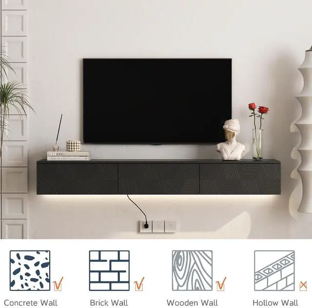 Alt view image 6 of 7 - Floating TV Stand Wall Mounted with 16 Color LEDs,67" Modern TV Stand, Floating TV Cabinet Entertainment Center for 55 60 65 Inch TV,Black