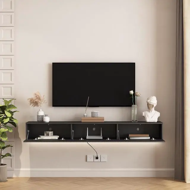 Alt view image 6 of 7 - Floating TV Stand Wall Mounted with 16 Color LEDs,69" Modern TV Stand, Floating TV Cabinet Entertainment Center for 55 60 65 Inch TV,Black