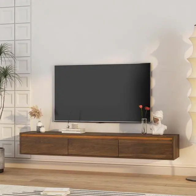 Alt view image 2 of 7 - Floating TV Stand, Wall Mounted TV Shelf with Led Lights & Power Outlet,High Gloss TV Cabinet for Wood tv Stands for Living Room
