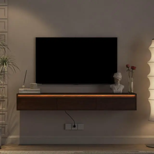 Alt view image 4 of 7 - Floating TV Stand, Wall Mounted TV Shelf with Led Lights & Power Outlet,High Gloss TV Cabinet for Wood tv Stands for Living Room