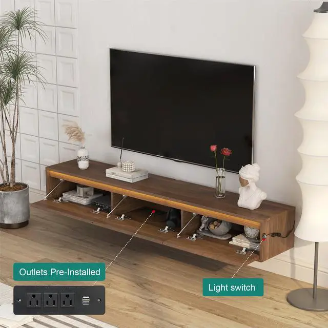 Alt view image 3 of 7 - Floating TV Stand, Wall Mounted TV Shelf with Led Lights & Power Outlet,High Gloss TV Cabinet for Wood tv Stands for Living Room