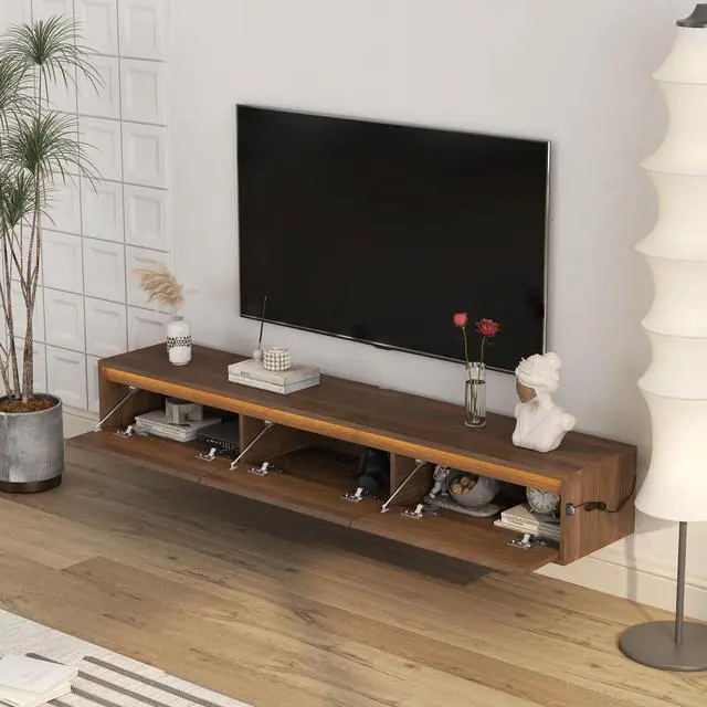 Alt view image 5 of 7 - Floating TV Stand, Wall Mounted TV Shelf with Led Lights & Power Outlet,High Gloss TV Cabinet for Wood tv Stands for Living Room