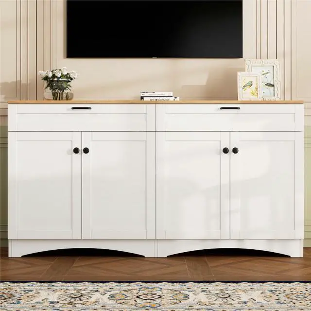 Alt view image 2 of 7 - ON-TREND Farmhouse TV Stand with 2 Drawers for TVs Up to 70", Versatile Wood Grain Sideboard with Adjustable Shelves, Mid-Century Buffet Cabinet with Rustic Handles for Living Room/Bedroom, White