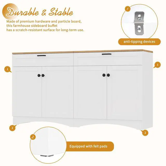 Alt view image 6 of 7 - ON-TREND Farmhouse TV Stand with 2 Drawers for TVs Up to 70", Versatile Wood Grain Sideboard with Adjustable Shelves, Mid-Century Buffet Cabinet with Rustic Handles for Living Room/Bedroom, White