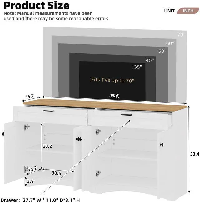 Alt view image 7 of 7 - ON-TREND Farmhouse TV Stand with 2 Drawers for TVs Up to 70", Versatile Wood Grain Sideboard with Adjustable Shelves, Mid-Century Buffet Cabinet with Rustic Handles for Living Room/Bedroom, White