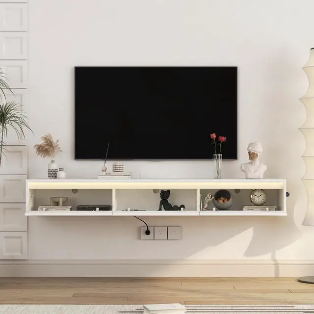 Alt view image 3 of 7 - Floating TV Stand, Wall Mounted TV Shelf with Led Lights & Power Outlet,High Gloss TV Cabinet for tv Stands for Living Room