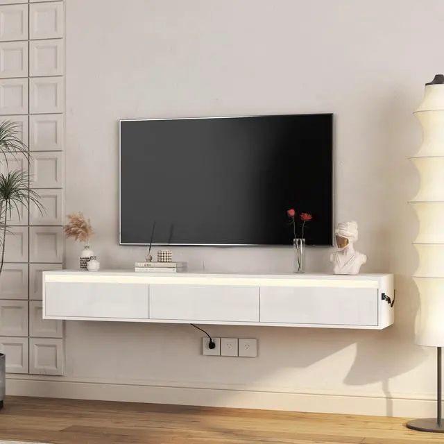 Alt view image 2 of 7 - Floating TV Stand, Wall Mounted TV Shelf with Led Lights & Power Outlet,High Gloss TV Cabinet for tv Stands for Living Room