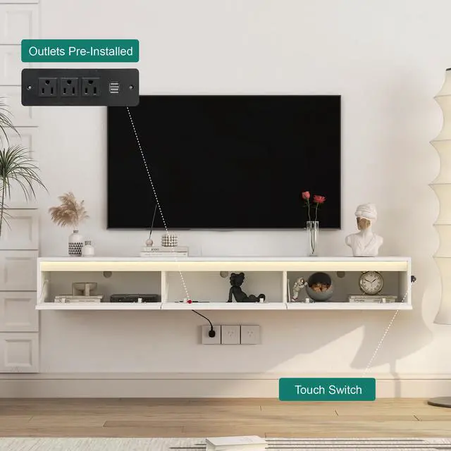 Alt view image 6 of 7 - Floating TV Stand, Wall Mounted TV Shelf with Led Lights & Power Outlet,High Gloss TV Cabinet for tv Stands for Living Room