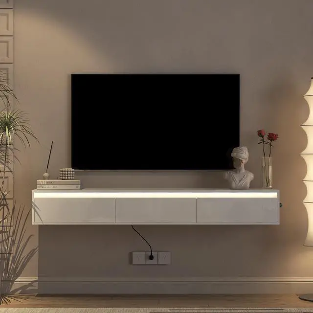 Alt view image 4 of 7 - Floating TV Stand, Wall Mounted TV Shelf with Led Lights & Power Outlet,High Gloss TV Cabinet for tv Stands for Living Room