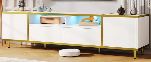 Alt view image 4 of 7 - U-Can 70.9'' Modern TV Stand for TVs up to 80 Inches, Entertainment Center with 2 Shelves and  LED Lights, TV Storage Cabinet with 2 Drawers, 2 Cabinets and Metal Legs for Living room