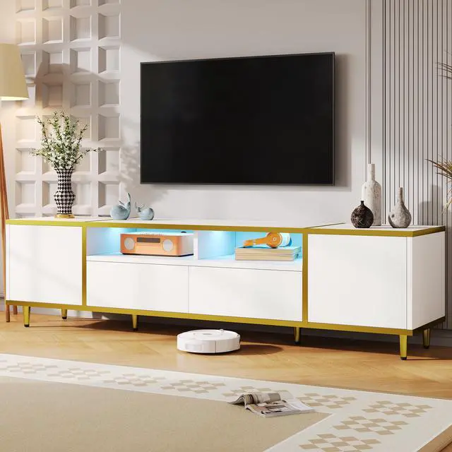 Alt view image 2 of 7 - U-Can 70.9'' Modern TV Stand for TVs up to 80 Inches, Entertainment Center with 2 Shelves and  LED Lights, TV Storage Cabinet with 2 Drawers, 2 Cabinets and Metal Legs for Living room