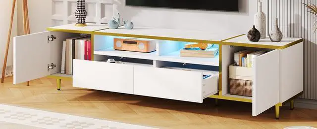 Alt view image 6 of 7 - U-Can 70.9'' Modern TV Stand for TVs up to 80 Inches, Entertainment Center with 2 Shelves and  LED Lights, TV Storage Cabinet with 2 Drawers, 2 Cabinets and Metal Legs for Living room