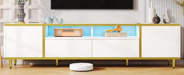 Alt view image 5 of 7 - U-Can 70.9'' Modern TV Stand for TVs up to 80 Inches, Entertainment Center with 2 Shelves and  LED Lights, TV Storage Cabinet with 2 Drawers, 2 Cabinets and Metal Legs for Living room