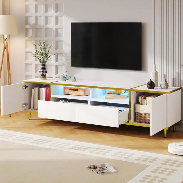 Alt view image 3 of 7 - U-Can 70.9'' Modern TV Stand for TVs up to 80 Inches, Entertainment Center with 2 Shelves and  LED Lights, TV Storage Cabinet with 2 Drawers, 2 Cabinets and Metal Legs for Living room