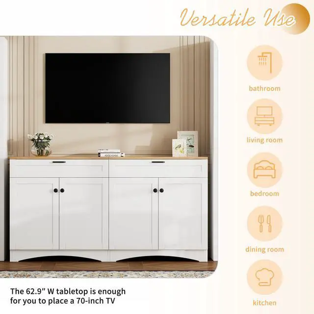 Alt view image 5 of 7 - ON-TREND 3-Piece Farmhouse Entertainment Center with Storage Cabinet for TVs Up to 70", Mid-Century TV Stand with Bookshelf, Rustic Versatile Sideboard with Adjustable Shelves for Living Room, White