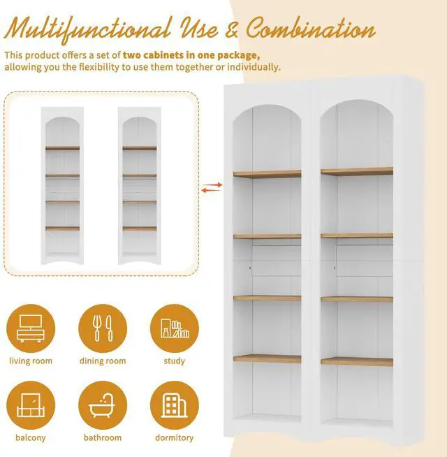 Alt view image 7 of 7 - ON-TREND 3-Piece Farmhouse Entertainment Center with Storage Cabinet for TVs Up to 70", Mid-Century TV Stand with Bookshelf, Rustic Versatile Sideboard with Adjustable Shelves for Living Room, White