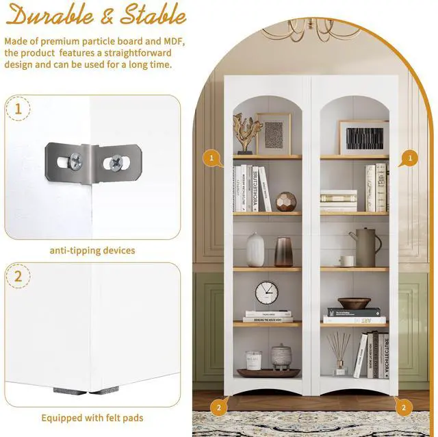 Alt view image 6 of 7 - ON-TREND 3-Piece Farmhouse Entertainment Center with Storage Cabinet for TVs Up to 70", Mid-Century TV Stand with Bookshelf, Rustic Versatile Sideboard with Adjustable Shelves for Living Room, White