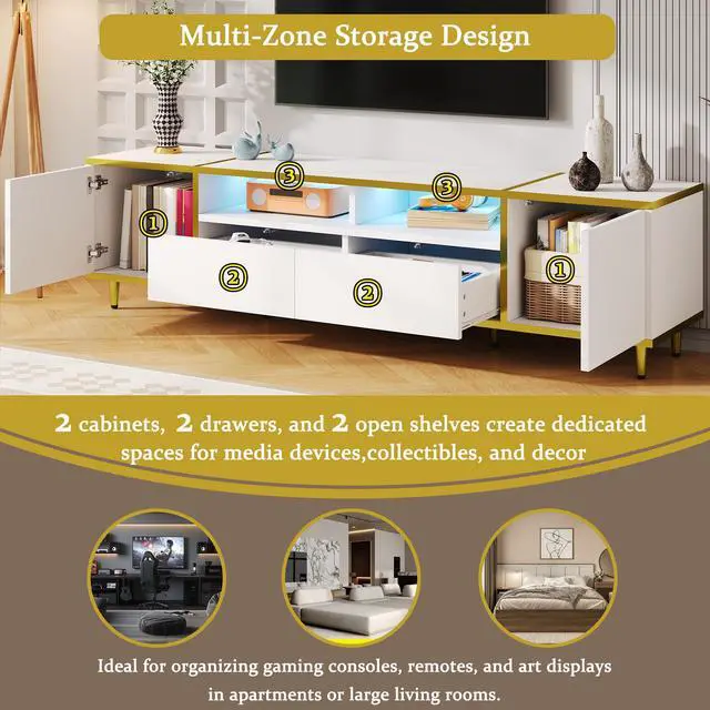 Alt view image 7 of 7 - U-Can 70.9'' Modern TV Stand for TVs up to 80 Inches, Entertainment Center with 2 Shelves and  LED Lights, TV Storage Cabinet with 2 Drawers, 2 Cabinets and Metal Legs for Living room