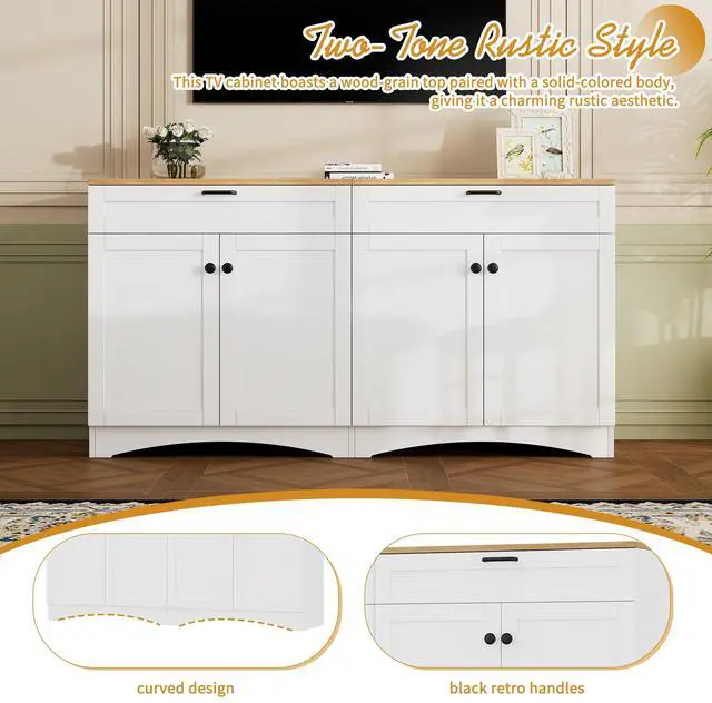 Alt view image 4 of 7 - ON-TREND 3-Piece Farmhouse Entertainment Center with Storage Cabinet for TVs Up to 70", Mid-Century TV Stand with Bookshelf, Rustic Versatile Sideboard with Adjustable Shelves for Living Room, White