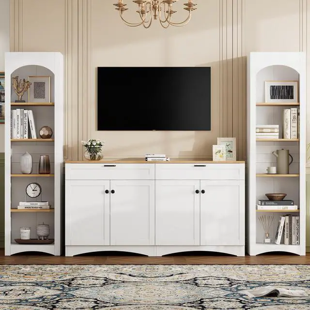 Alt view image 2 of 7 - ON-TREND 3-Piece Farmhouse Entertainment Center with Storage Cabinet for TVs Up to 70", Mid-Century TV Stand with Bookshelf, Rustic Versatile Sideboard with Adjustable Shelves for Living Room, White