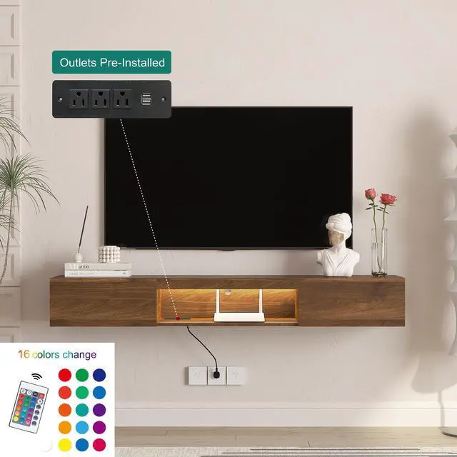 Alt view image 4 of 7 - Floating TV Stand Wall Mounted with 16 Color LEDs,63" Modern TV Stand,Floating TV Cabinet Entertainment Center for 55 60 65 Inch TV