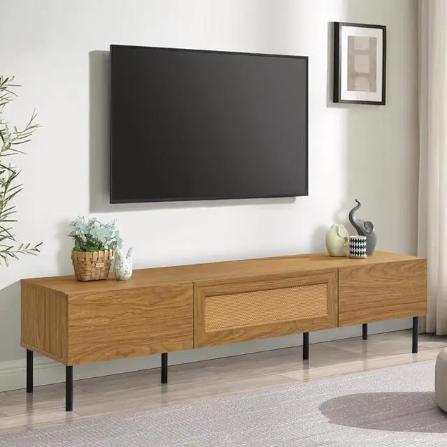 Alt view image 2 of 7 - Boho TV Stand for TVs up to 80'' , Modern Farmhouse Media Console, Entertainment Center with Metal Legs, TV Cabinet for Living Room, Home Theatre