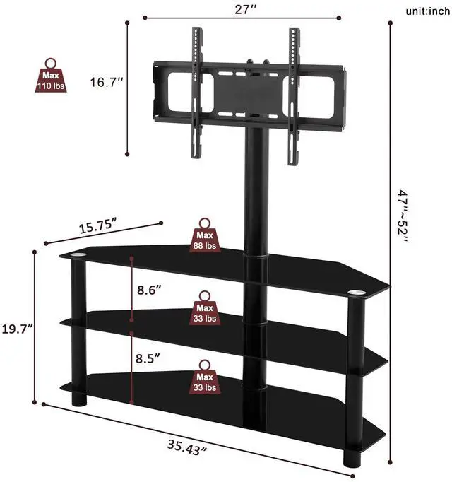 Alt view image 4 of 7 - 35.4 inch Black Multi-function TV Stand Height Adjustable Bracket Swivel 3-Tier