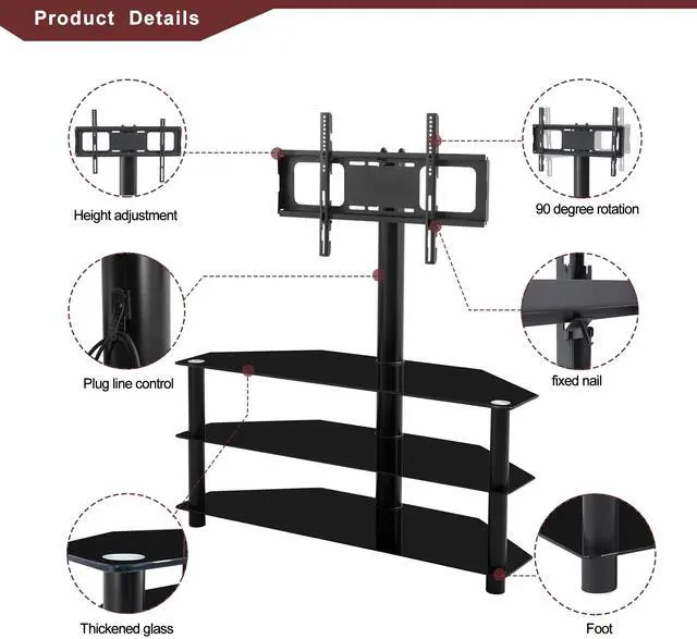 Alt view image 5 of 7 - 35.4 inch Black Multi-function TV Stand Height Adjustable Bracket Swivel 3-Tier