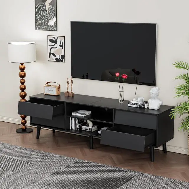 Alt view image 2 of 7 - 63 Inch TV Stand Features Vintage-style and Bevel Design, TV Stand with Drawers, Entertainment Center for Living Room Bedroom, TV Media Console
