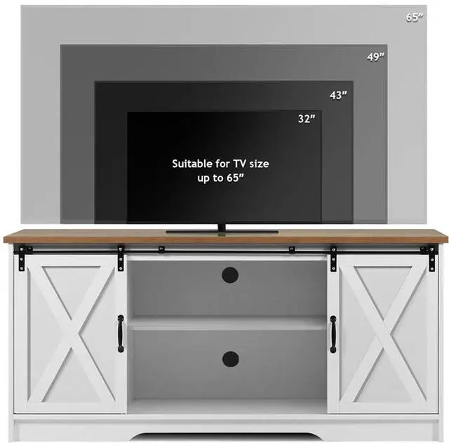 Alt view image 2 of 7 - Modern Farmhouse Wood TV Stand for TVs up to 58 inches, with Sliding Barn Doors, 3 Adjustable Shelves, Cord Management Ports, Corner Fit for Small Space Homes, in Oak/Solid White