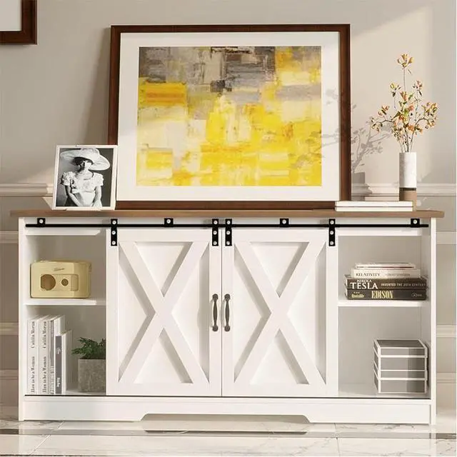 Alt view image 4 of 7 - Modern Farmhouse Wood TV Stand for TVs up to 58 inches, with Sliding Barn Doors, 3 Adjustable Shelves, Cord Management Ports, Corner Fit for Small Space Homes, in Oak/Solid White