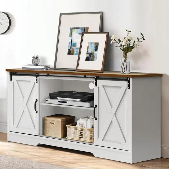 Alt view image 5 of 7 - Modern Farmhouse Wood TV Stand for TVs up to 58 inches, with Sliding Barn Doors, 3 Adjustable Shelves, Cord Management Ports, Corner Fit for Small Space Homes, in Oak/Solid White