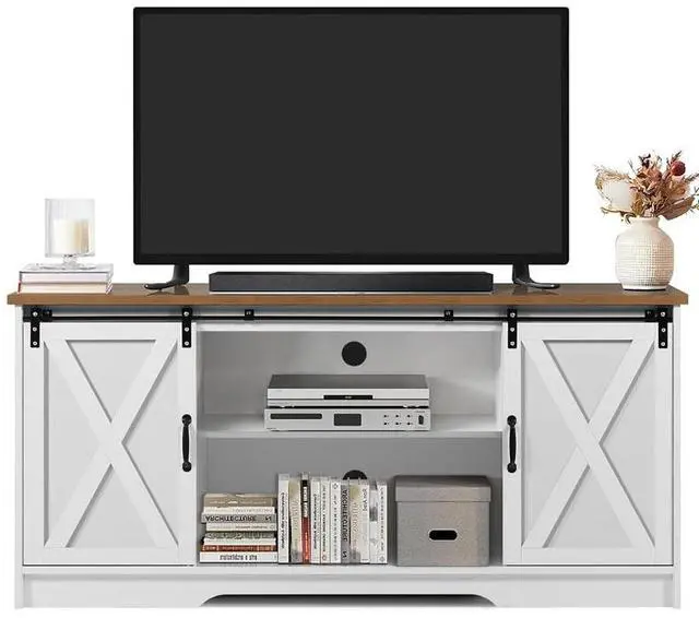 Alt view image 6 of 7 - Modern Farmhouse Wood TV Stand for TVs up to 58 inches, with Sliding Barn Doors, 3 Adjustable Shelves, Cord Management Ports, Corner Fit for Small Space Homes, in Oak/Solid White